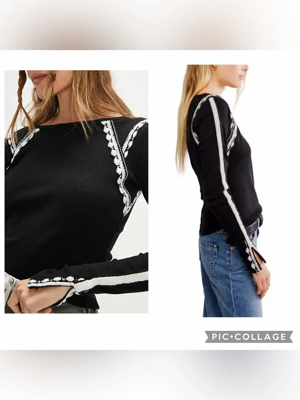NWT new XS Free People lost love Long-Sleeve Top black White boatneck embroidery